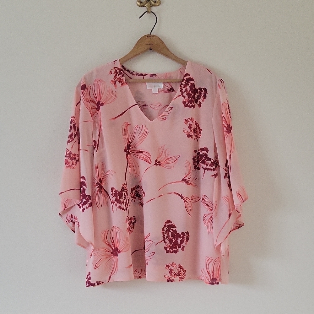 Belle by‎ Kim Gravel Pink Red Floral Bell Sleeve Blouse Size Medium